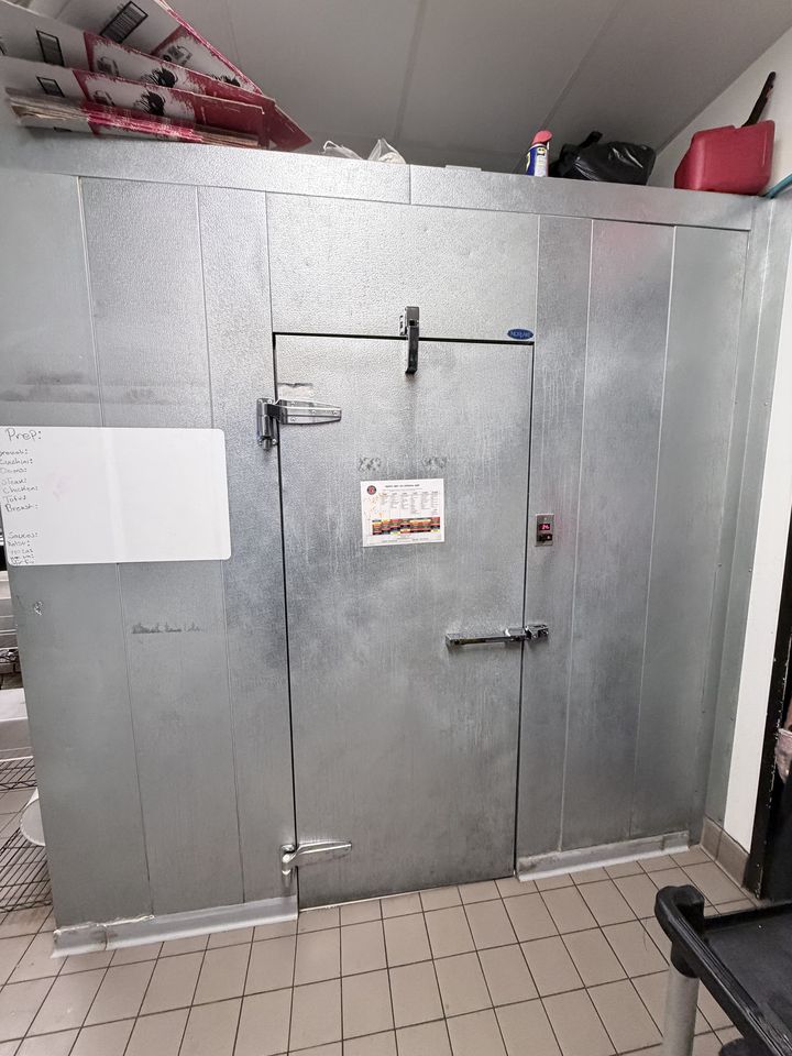 Walk-in box and door in a restaurant back room
